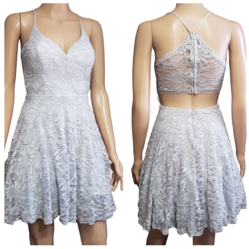 B. Darlin Gray Sparkly Lace Cutout Back Mini Flare with Tutu Dress Sz 1/2